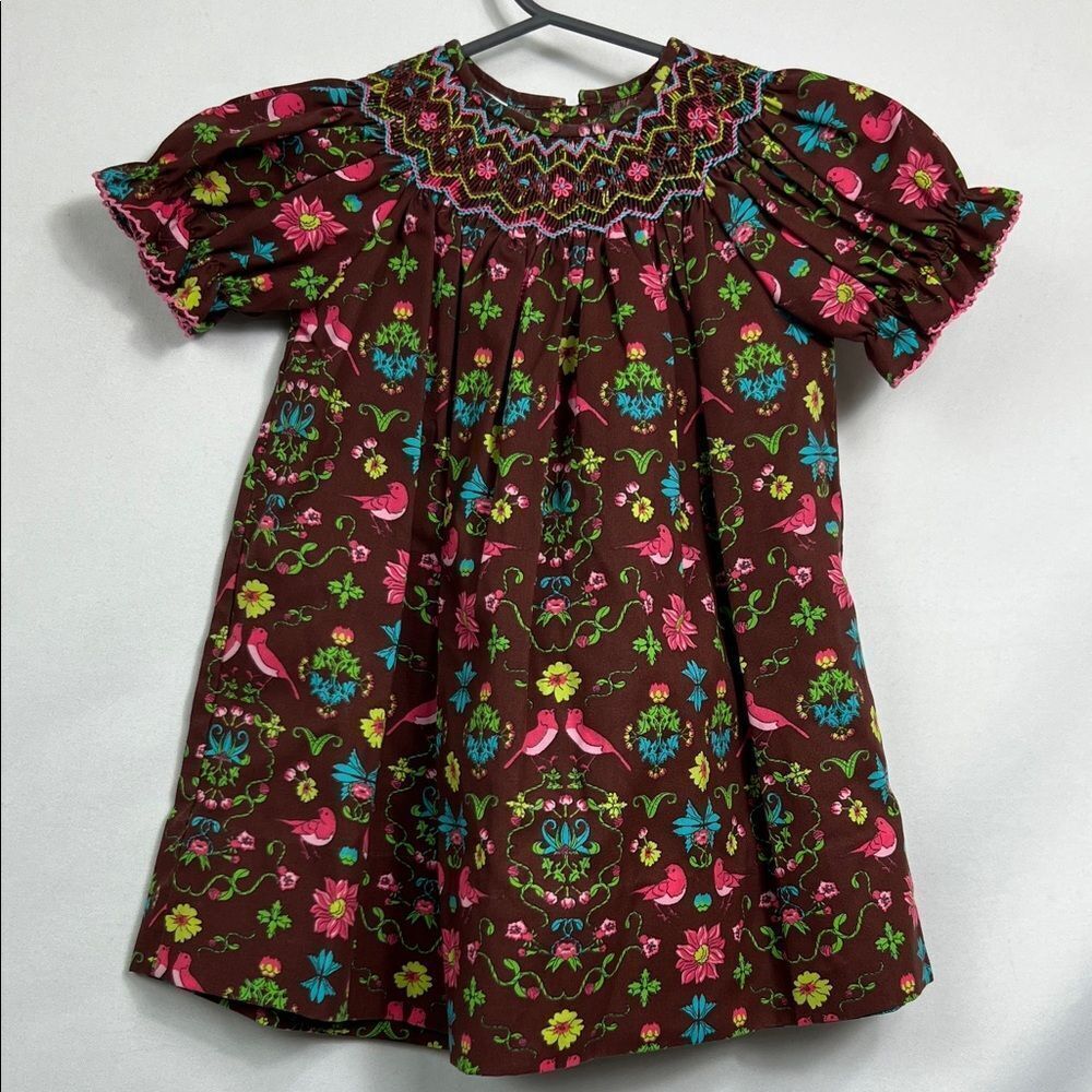 Edgehill Collection brown & pink floral bird print smocked embroidered dress 12m